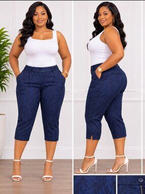Coldwater Creek Natural Fit 98% Cotton Navy Blue Patterned capri Pants Size 14P